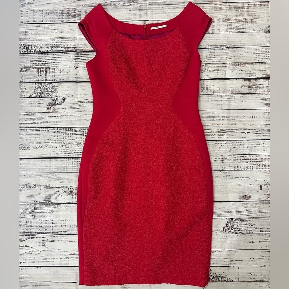T Tahari Red Cap Sleeve Sheath Midi Dress Cocktail Sz. 4